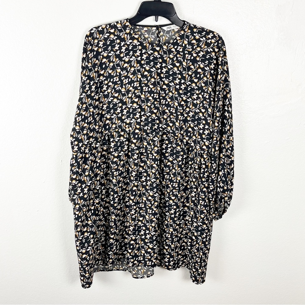 ZARA Black Floral Long Sleeves Elastic Cuffs Back Button Keyhole Dress Small